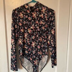 Floral Long Sleeve Bodysuit - Black